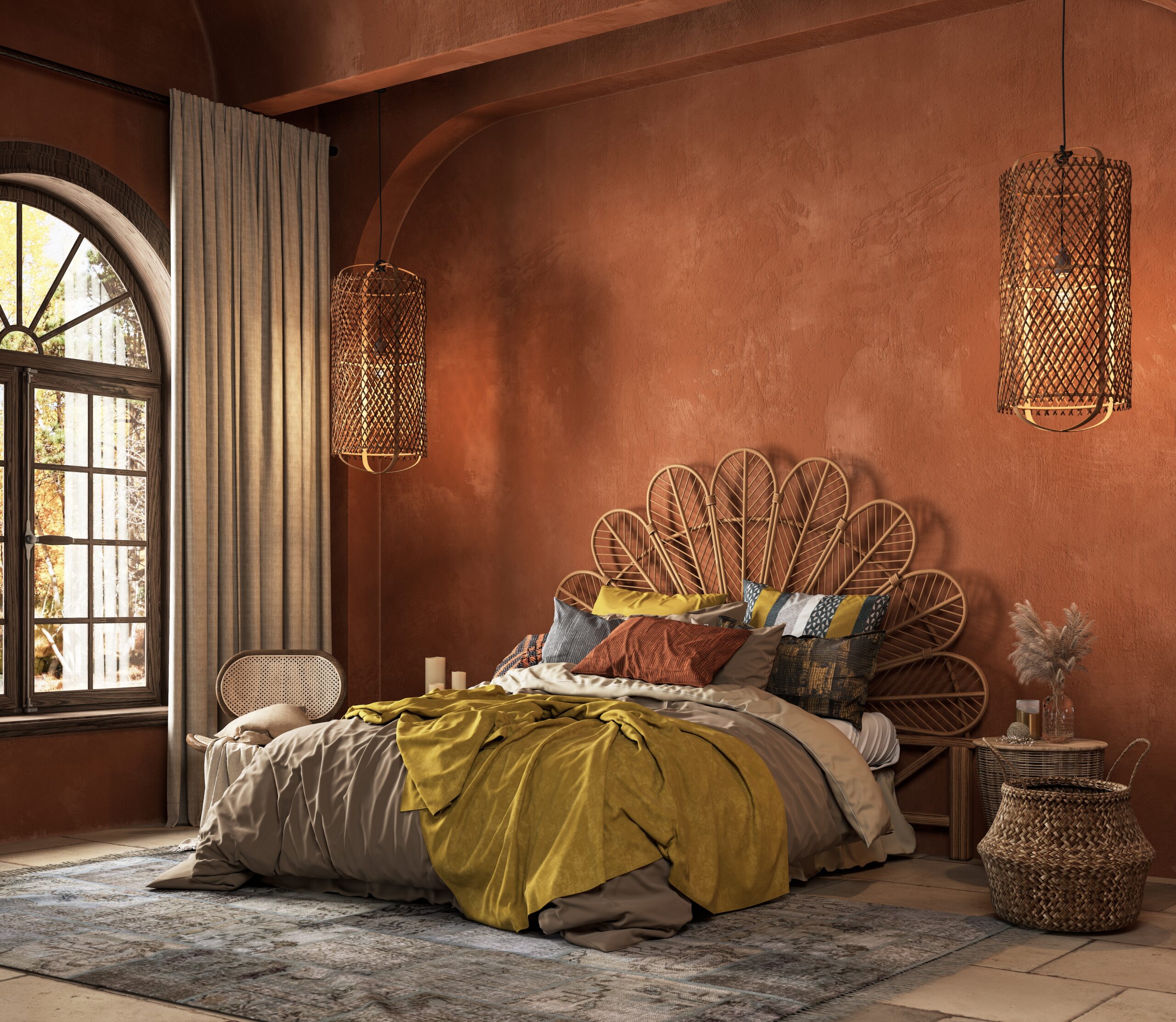 Terracotta style bedroom wallpaper
